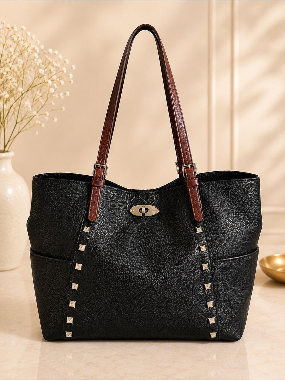 Carla Mancini Black Pebbled Leather Studded Tote Shoulder Bag Large Carryall